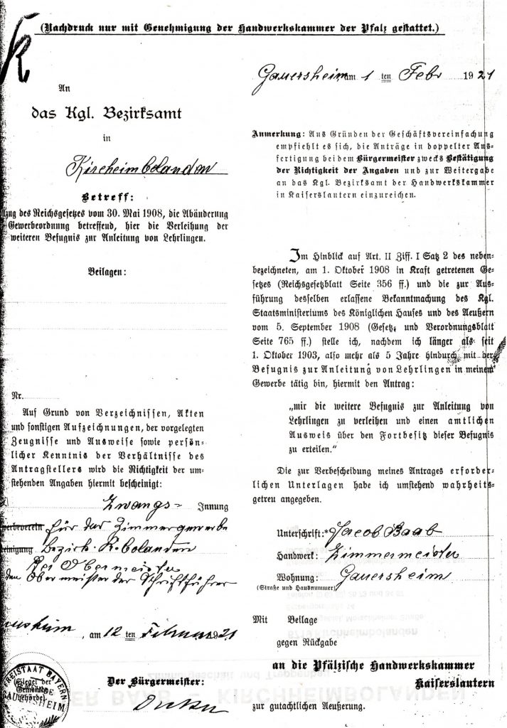 Gewerbeanmeldung Georg Baab 1921
